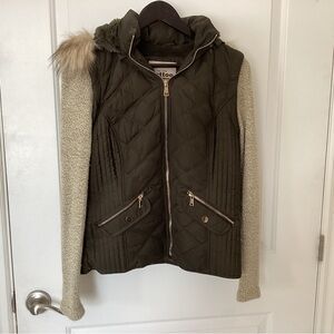 Olive Green Quilted Jacket with Knit Sleeves
